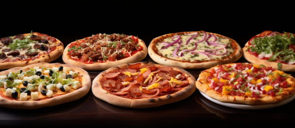 Assortiment de 7 pizzas artisanales avec différentes garnitures, préparées chez Bel Ostia Pizza à Évry