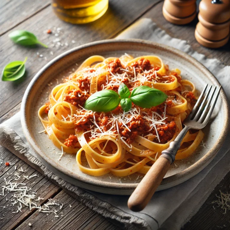 Assiette de tagliatelles à la bolognaise nappées d’une sauce tomate riche et servies sur une table en bois rustique